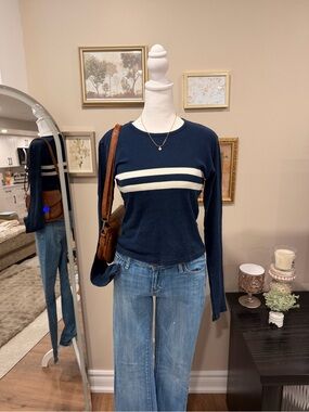 Brandy Melville Navy Long-Sleeve Crew with Cream Stripes